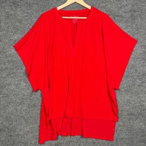 by Chico's Sz 3 US XL Tunic Blouse Bright Red Split Neck High Low Kimono Sleeves